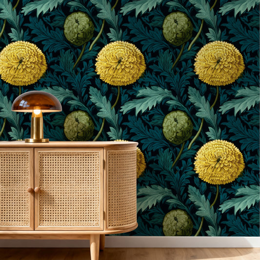 Golden Chrysanthemum large scale wallpaper in a styled room