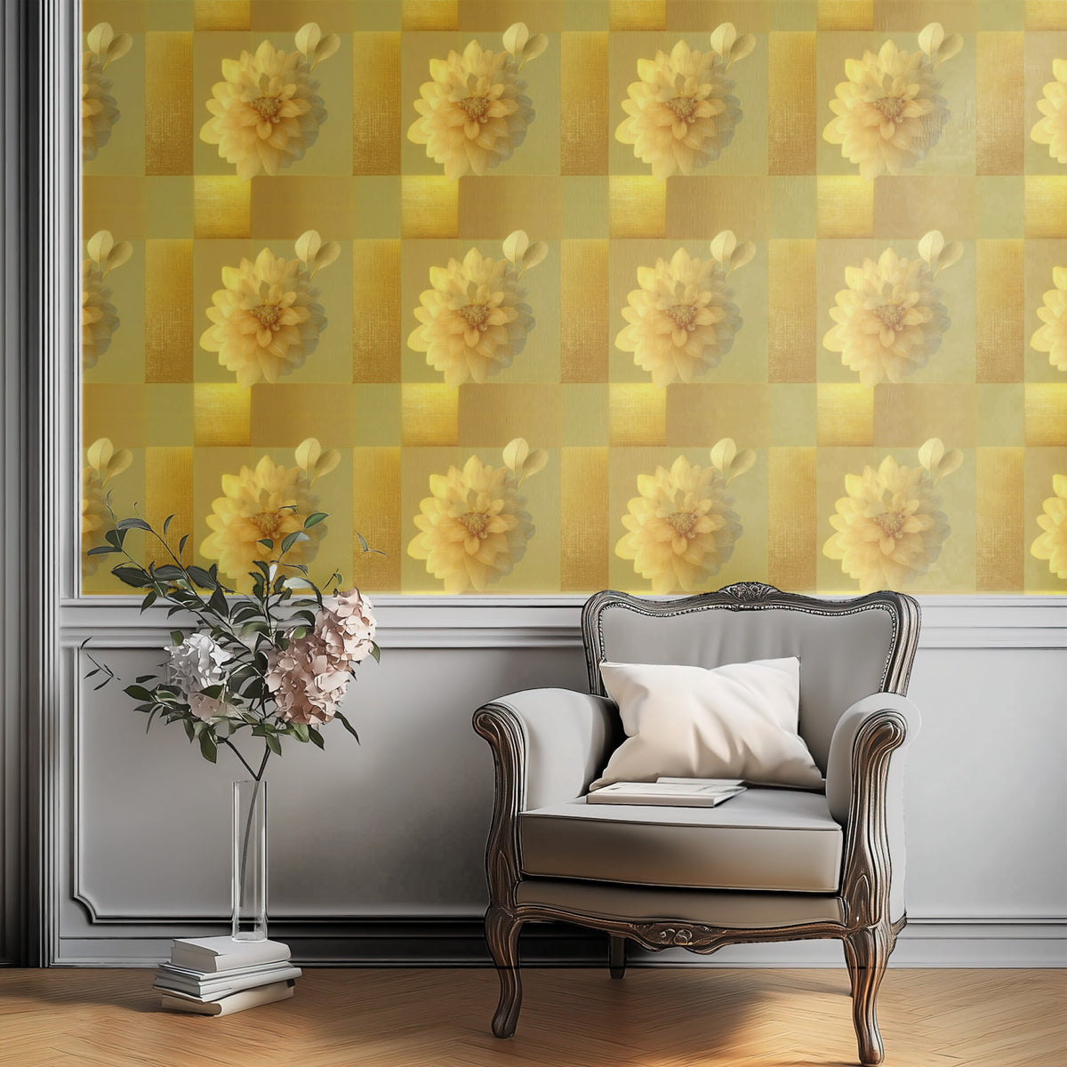 Golden Dahlia large scale wallpaper in a styled room