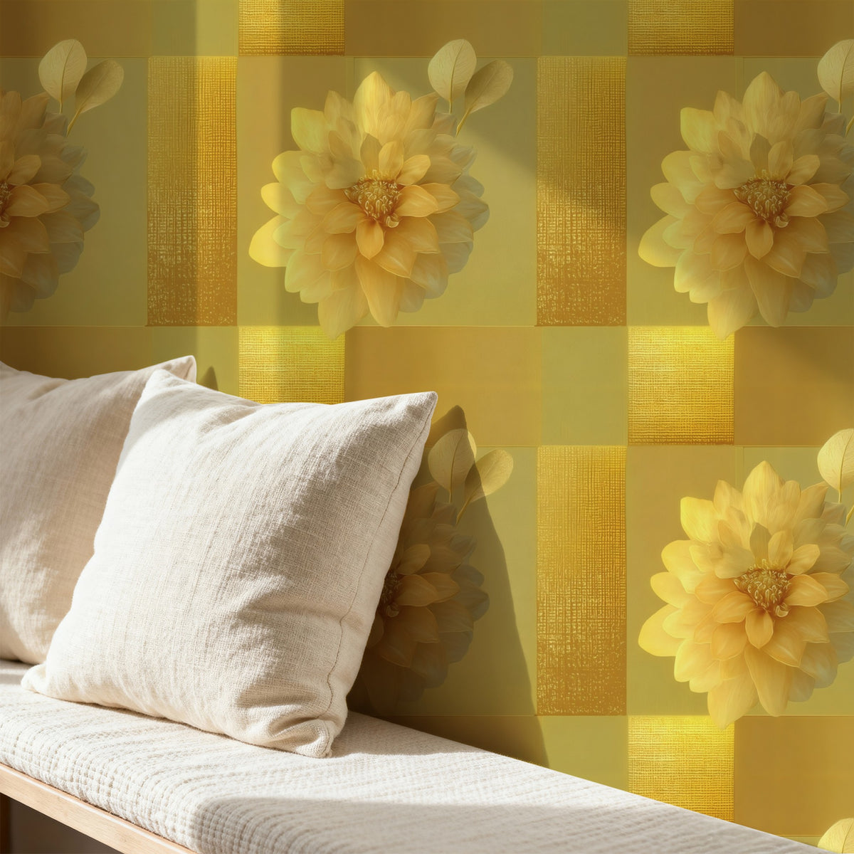 Golden Dahlia large scale wallpaper in a styled room