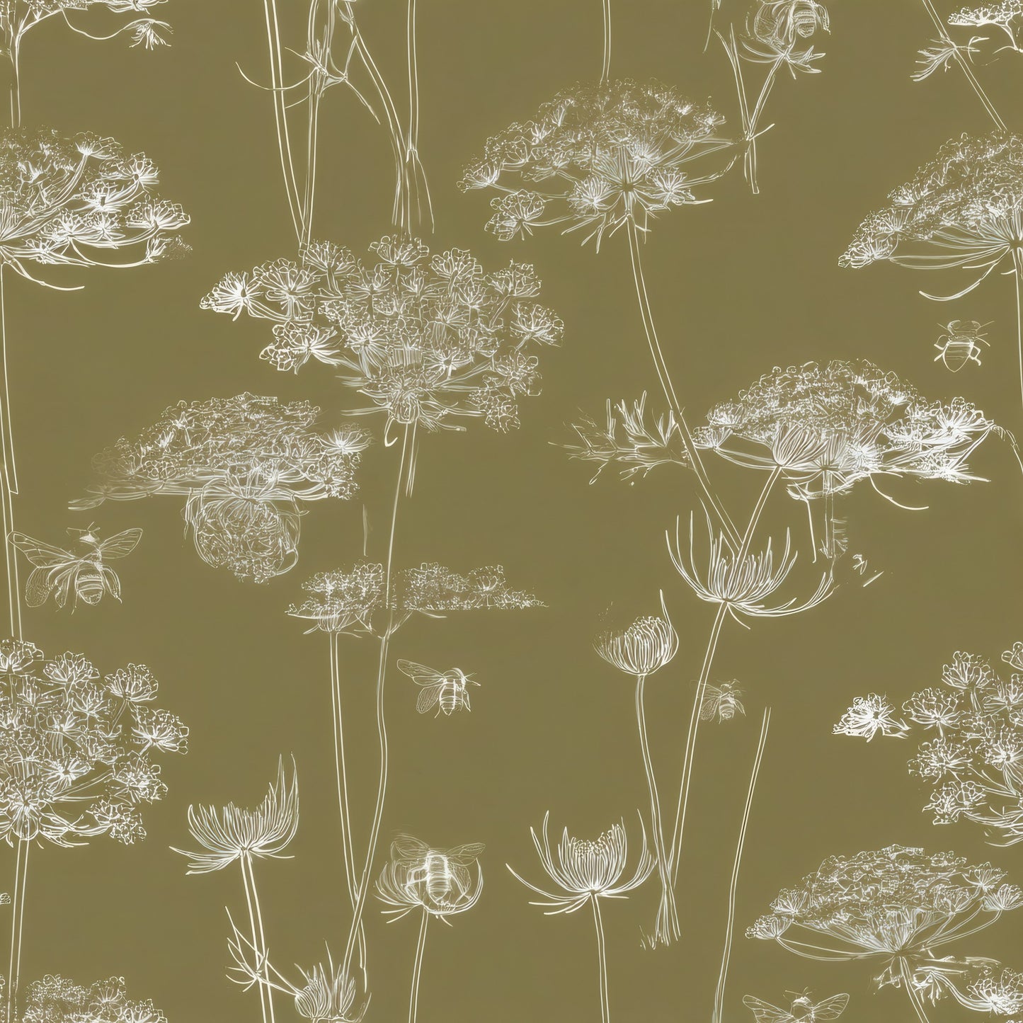 Queen Anne's lace and bees drawn in fine cream lines on an olive gold background.