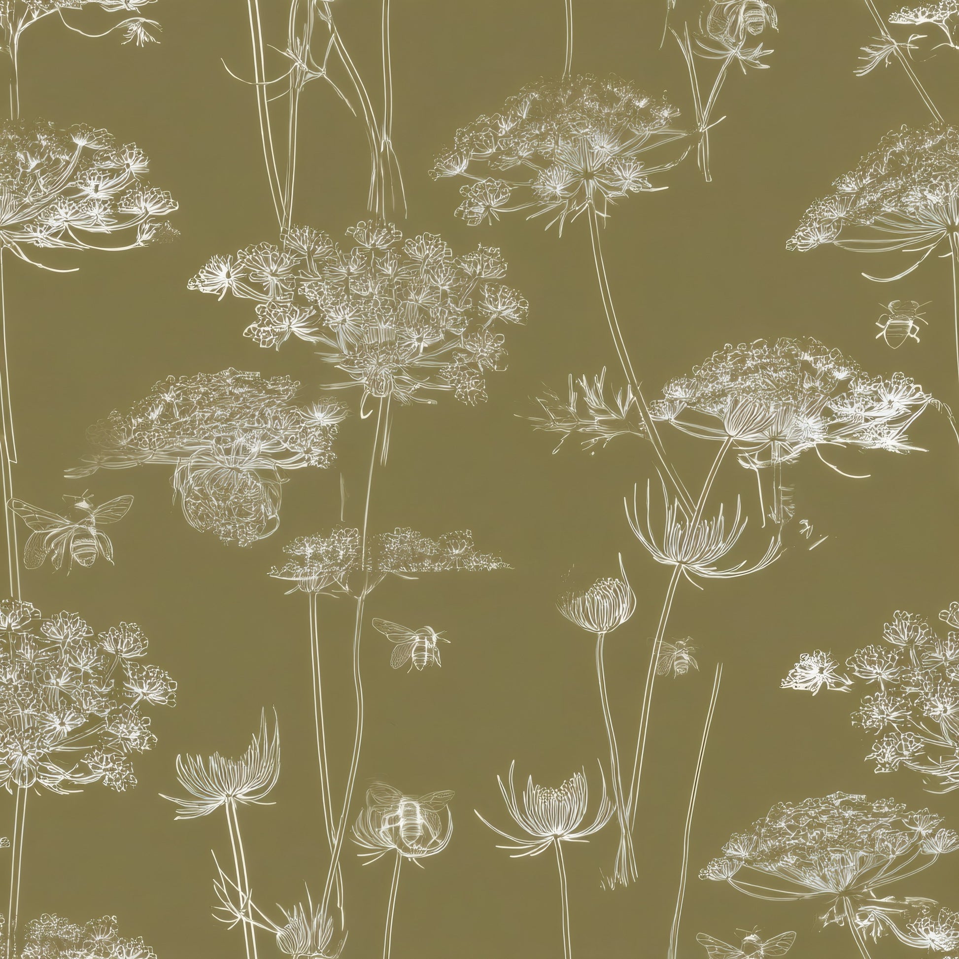 Queen Anne's lace and bees drawn in fine cream lines on an olive gold background.