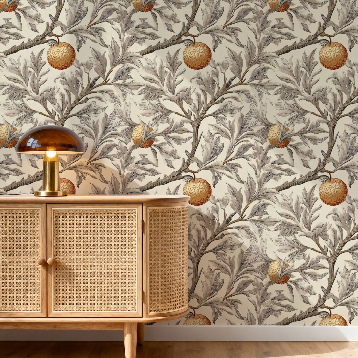 Golden Orchard large scale wallpaper in a styled room