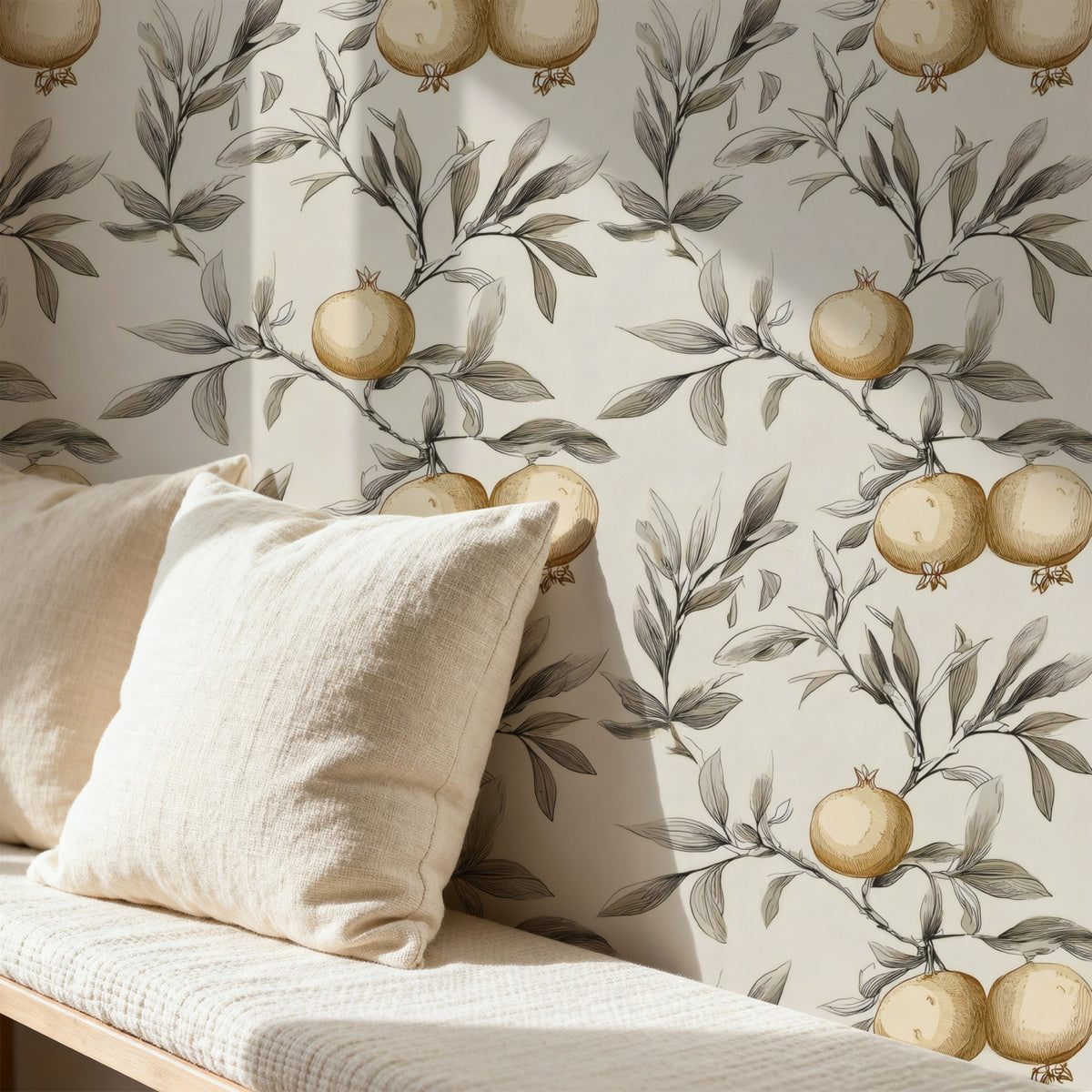 Golden Pomegranate large scale wallpaper in a styled room