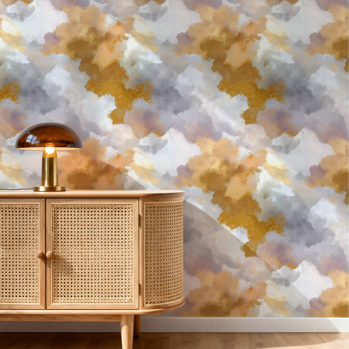 Golden Sky large scale wallpaper in a styled room