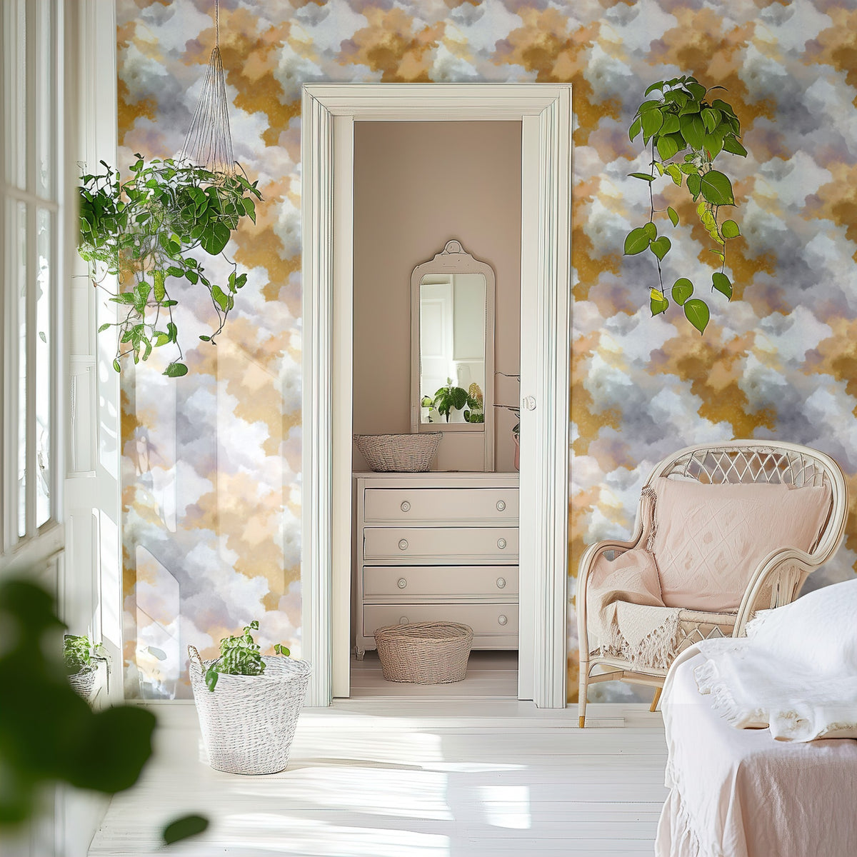 Golden Sky large scale wallpaper in a styled room