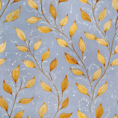 Trailing stems of marigold-gold leaves with fine white dotted scrolls on a blue-grey ground.