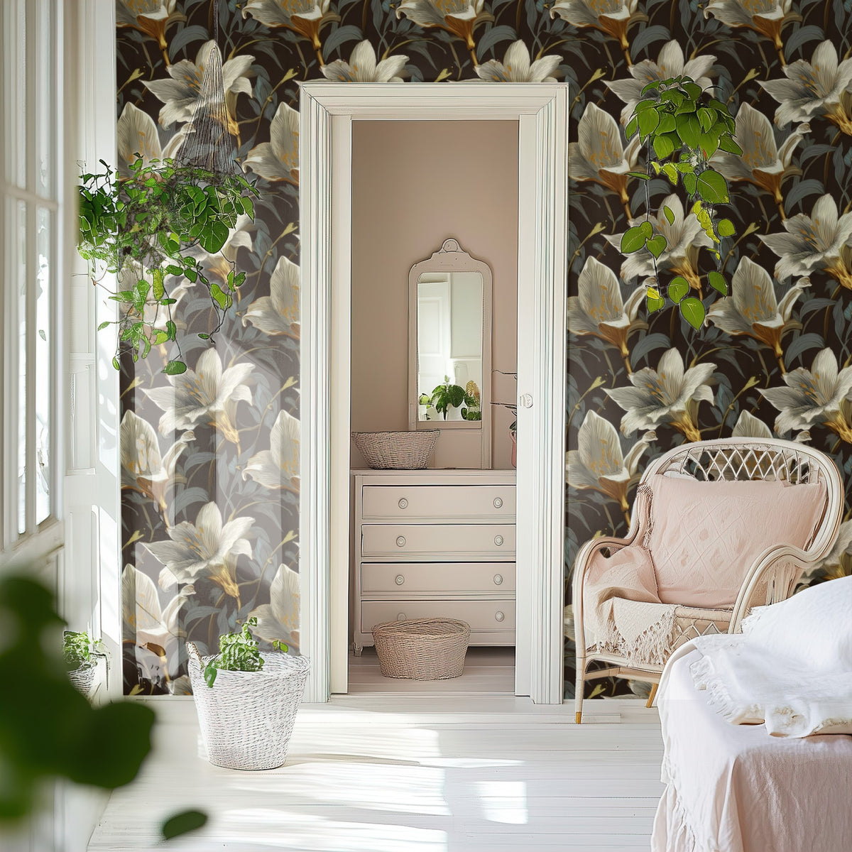 Golden Sunflower large scale wallpaper in a styled room