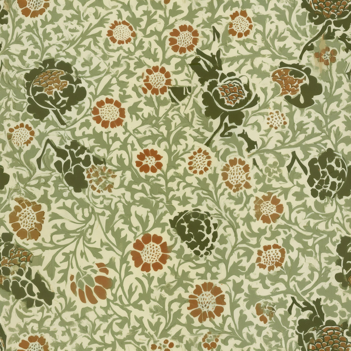 Rust and deep green blooms over fine sage leaves on a cream ground, a William Morris design.