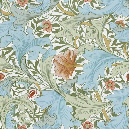 Sky-blue and sage acanthus leaves around a rust bloom with small red flowers on white, a William Morris design.