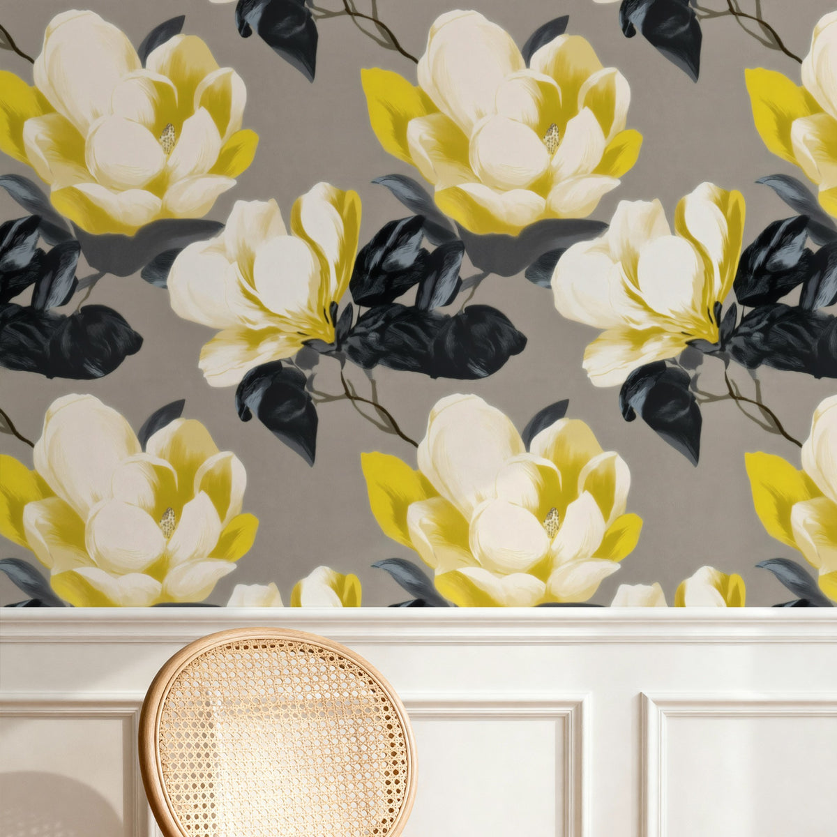 Graphite Magnolia large scale wallpaper in a styled room