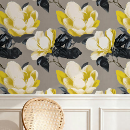 Graphite Magnolia large scale wallpaper in a styled room