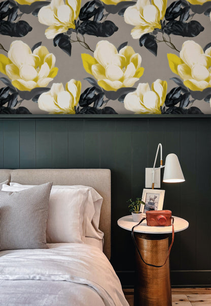 Graphite Magnolia large scale wallpaper in a styled room