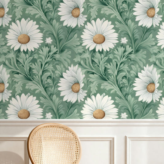 Green Daisy large scale wallpaper in a styled room