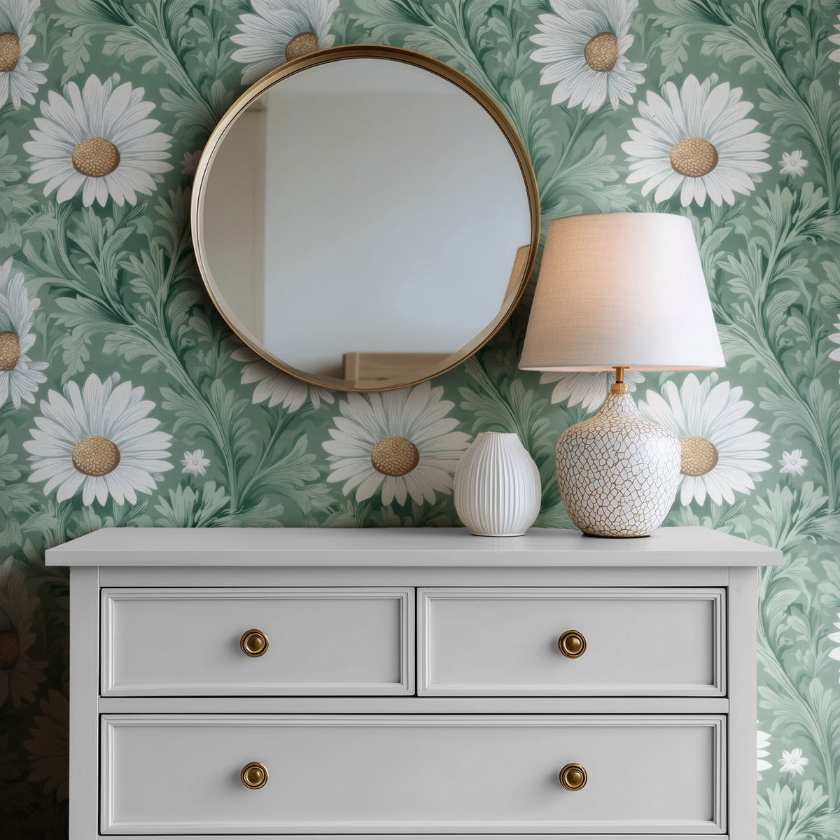 Green Daisy large scale wallpaper in a styled room