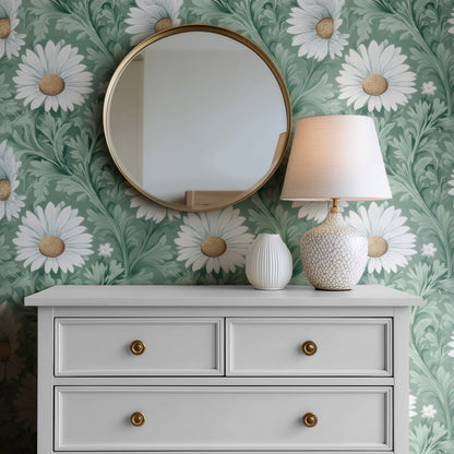 Green Daisy large scale wallpaper in a styled room