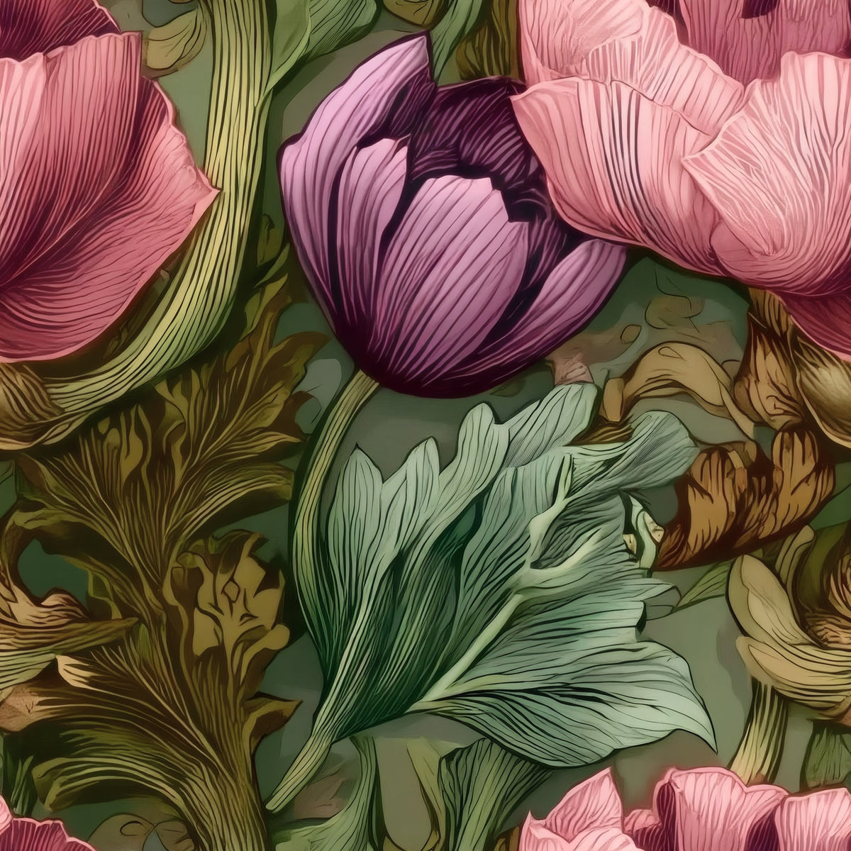 Green Peony large scale wallpaper pattern repeat