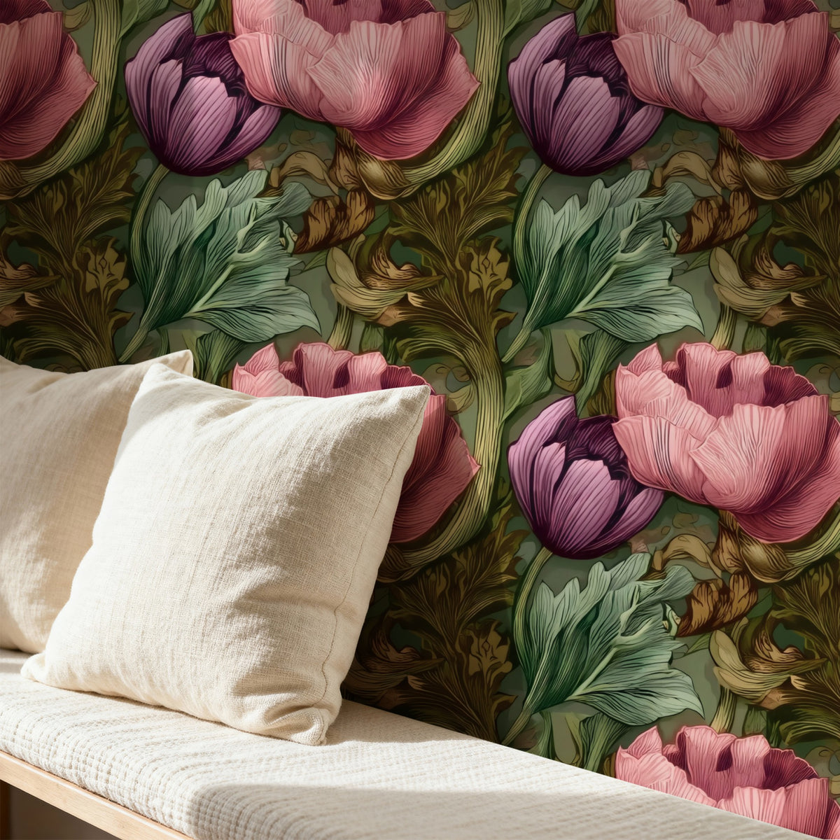 Green Peony large scale wallpaper in a styled room