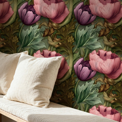 Green Peony large scale wallpaper in a styled room