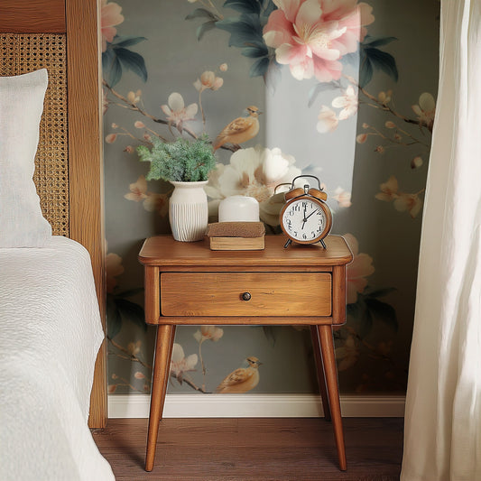 Grey Blossom large scale wallpaper in a styled room