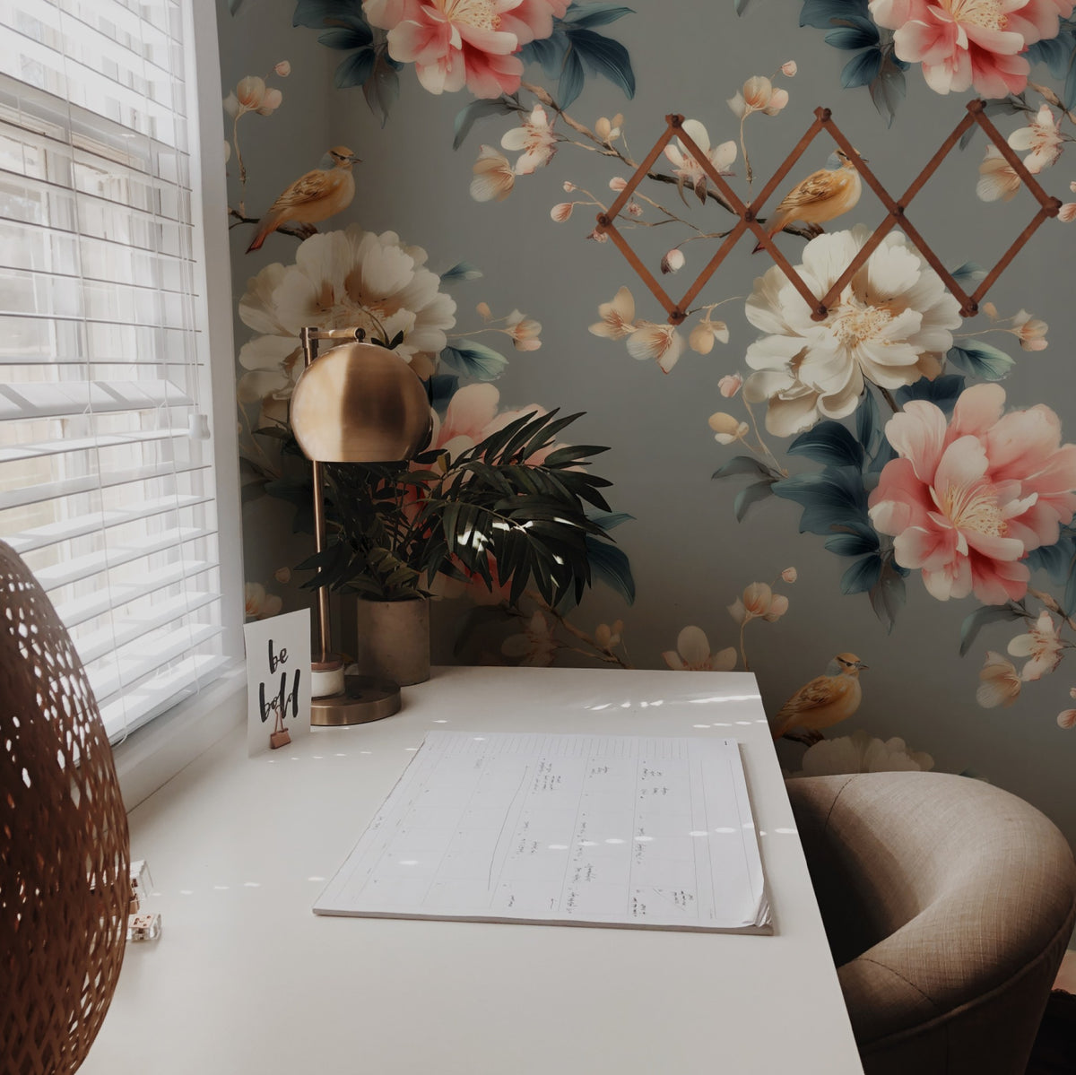 Grey Blossom large scale wallpaper in a styled room