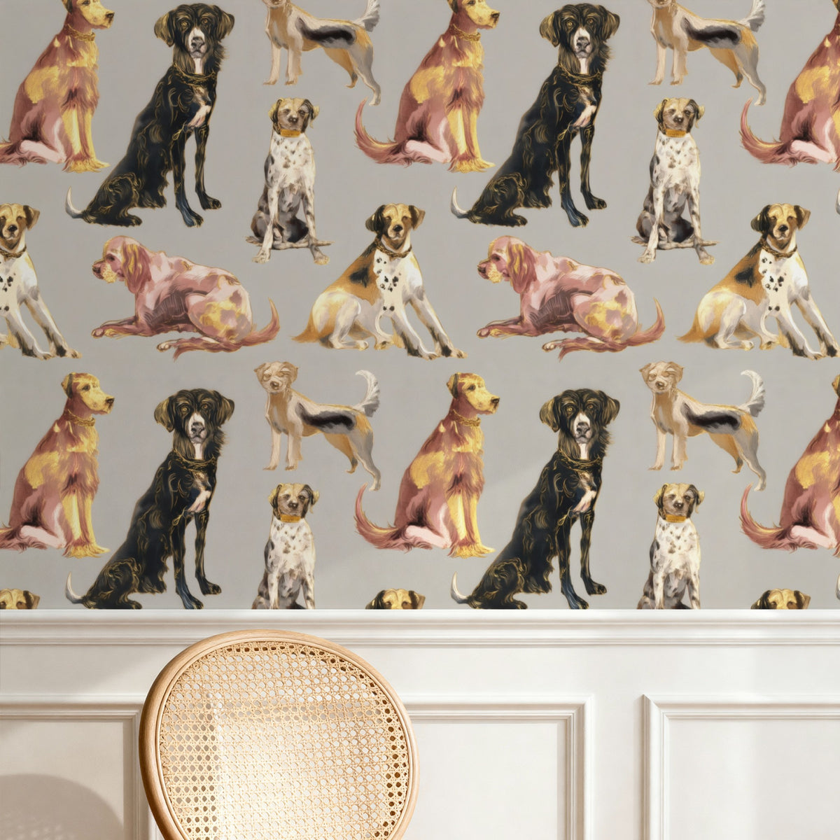 Grey Dogs large scale wallpaper in a styled room