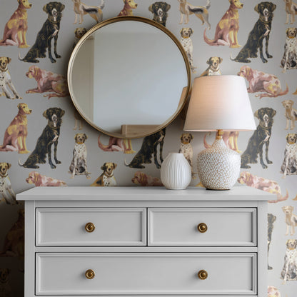 Grey Dogs large scale wallpaper in a styled room