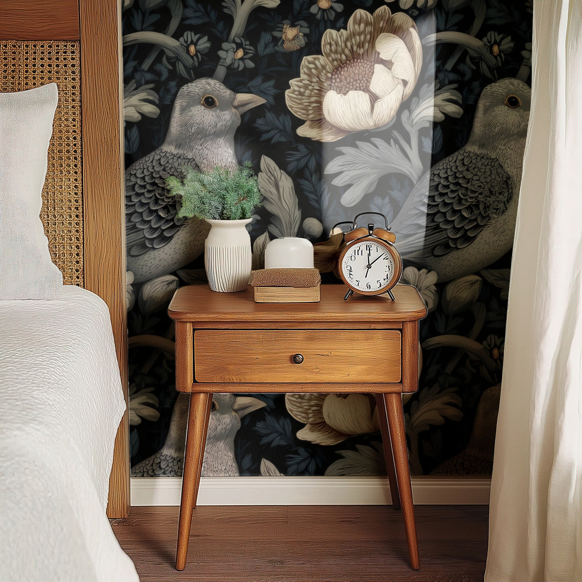 Grey Doves large scale wallpaper in a styled room