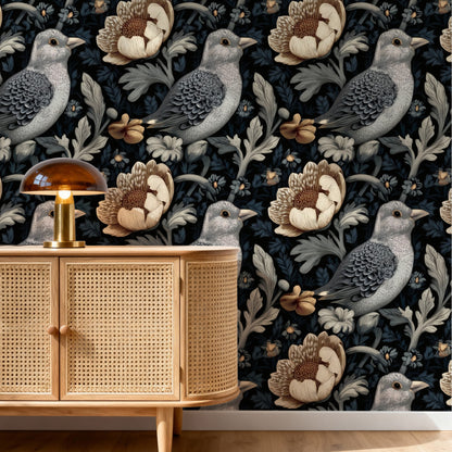 Grey Doves large scale wallpaper in a styled room