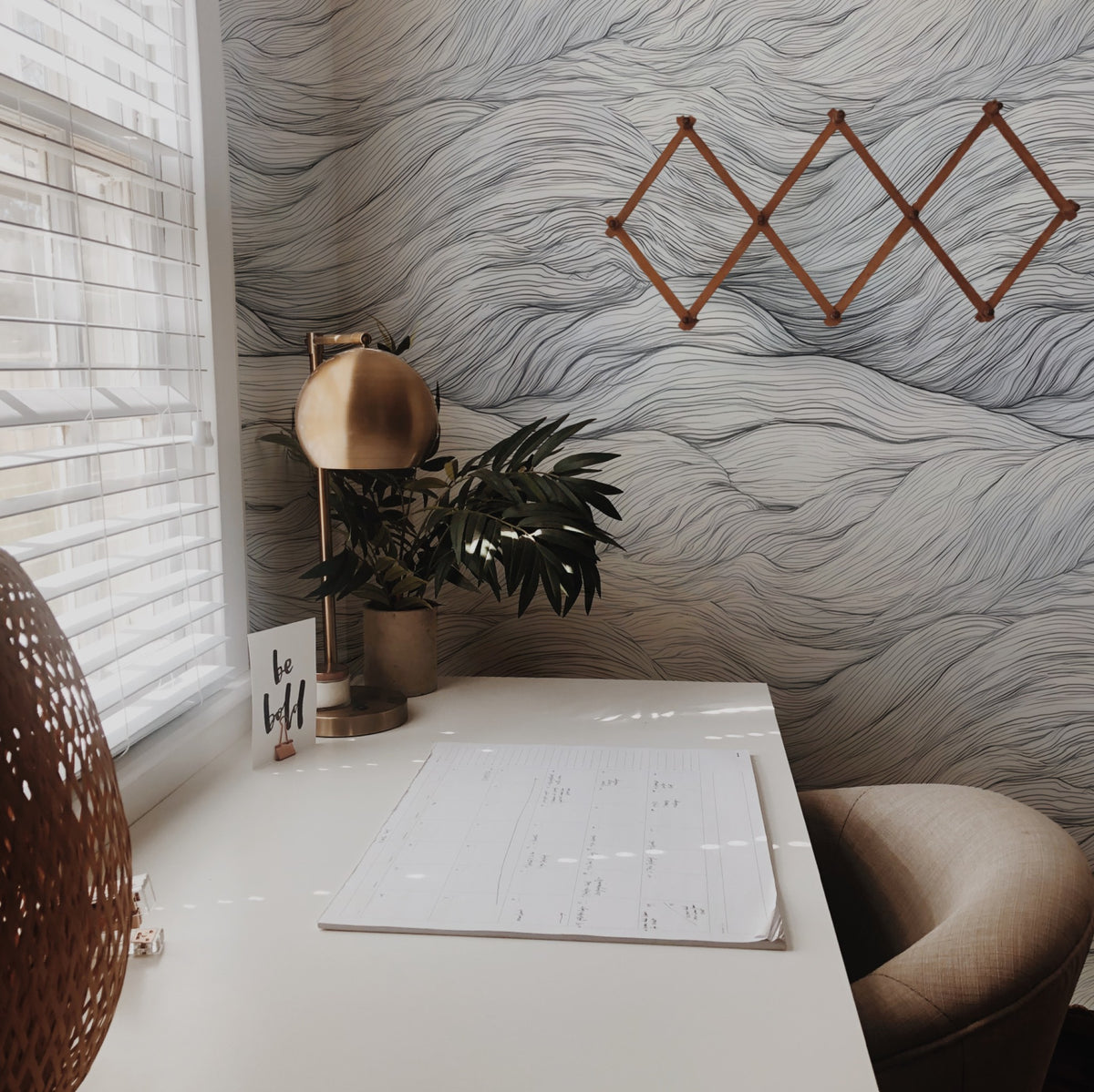 Grey Wave large scale wallpaper in a styled room