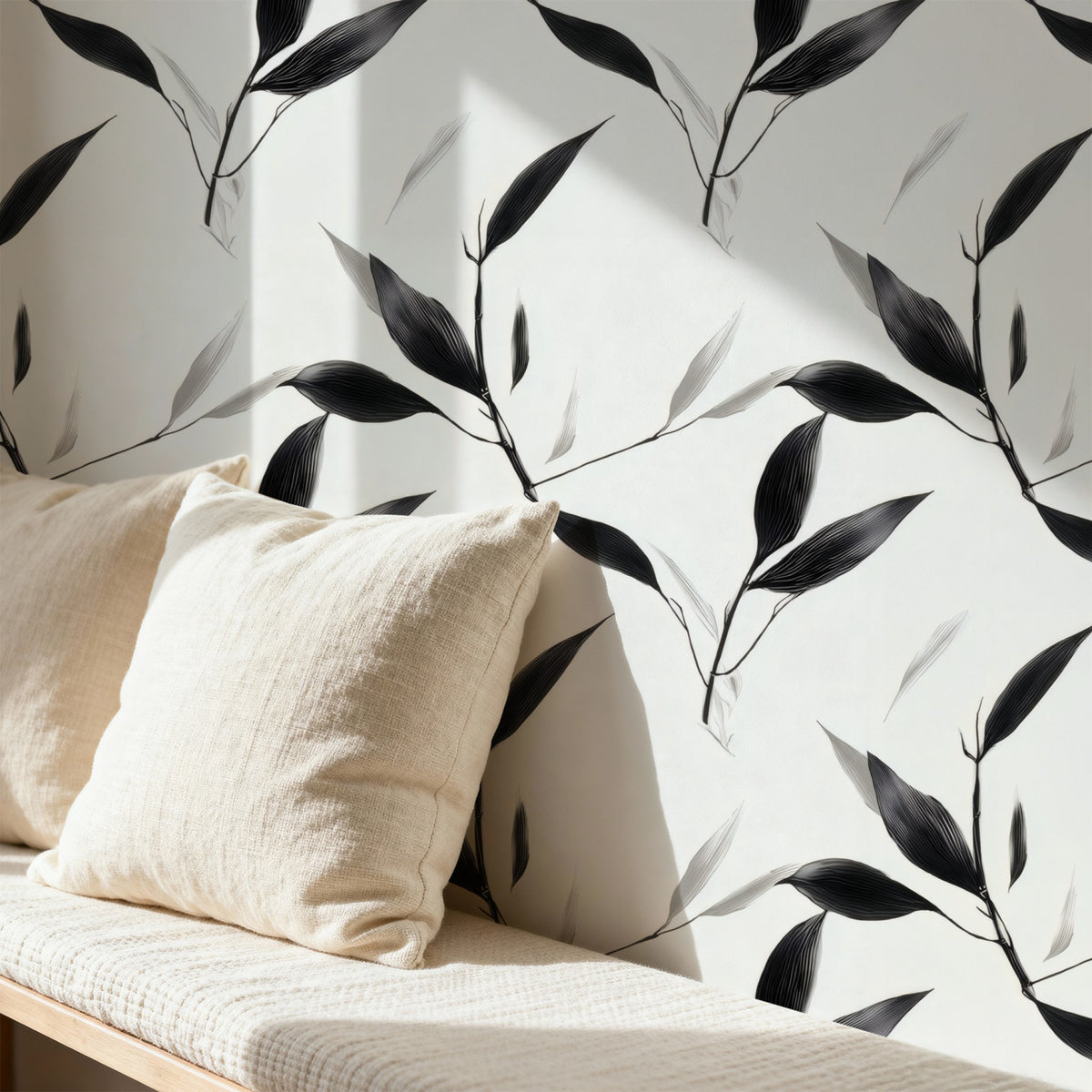 Greyscale Bamboo large scale wallpaper in a styled room