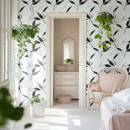 Greyscale Bamboo large scale wallpaper in a styled room
