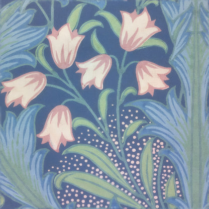 Pink harebells above blue leaves and white dots on a cornflower-blue ground, a William Morris design.