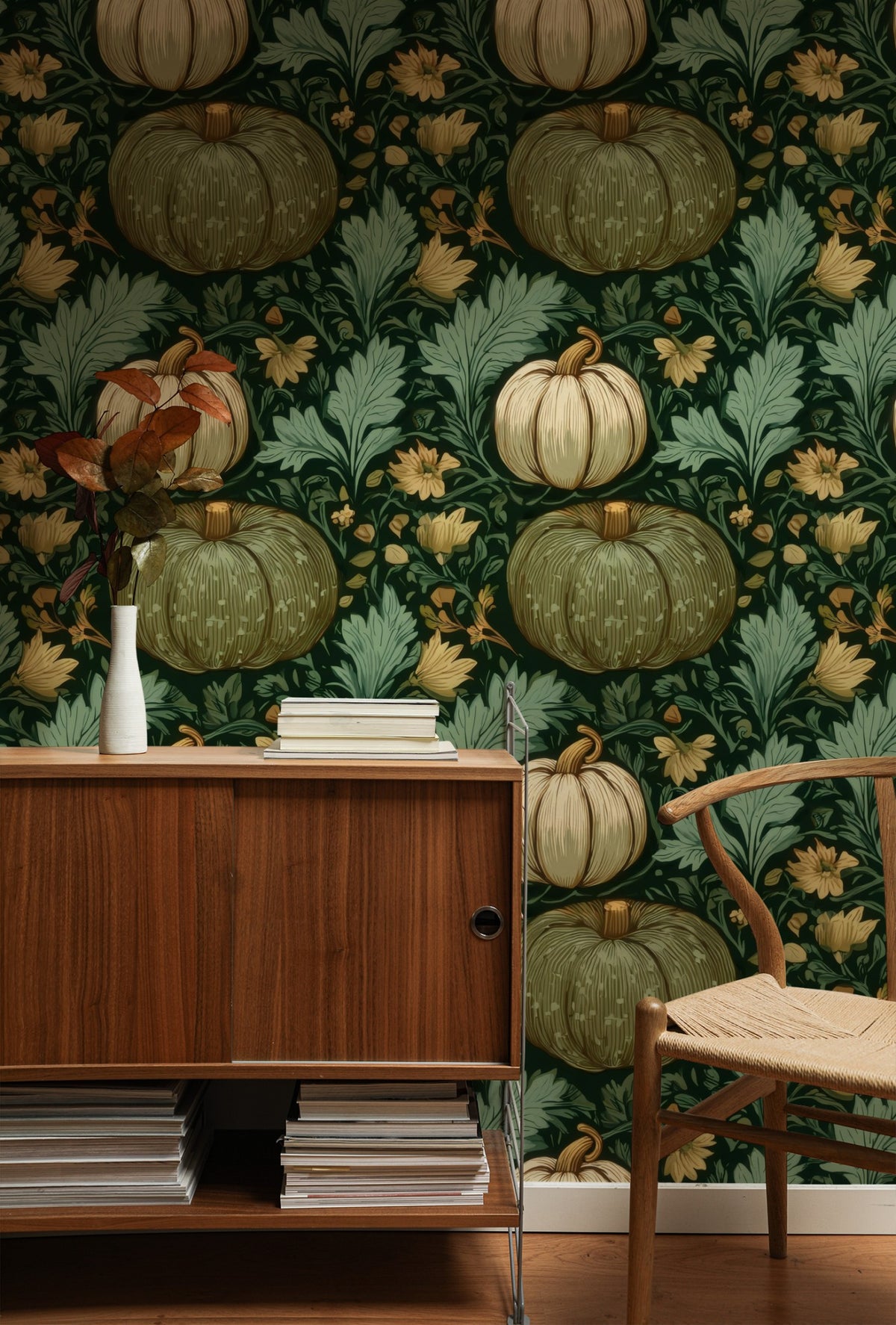 Harvest Pumpkin large scale wallpaper in a styled room