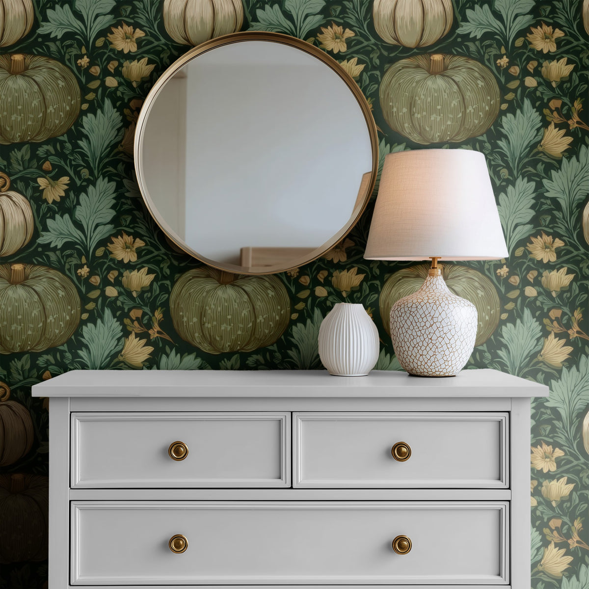 Harvest Pumpkin large scale wallpaper in a styled room