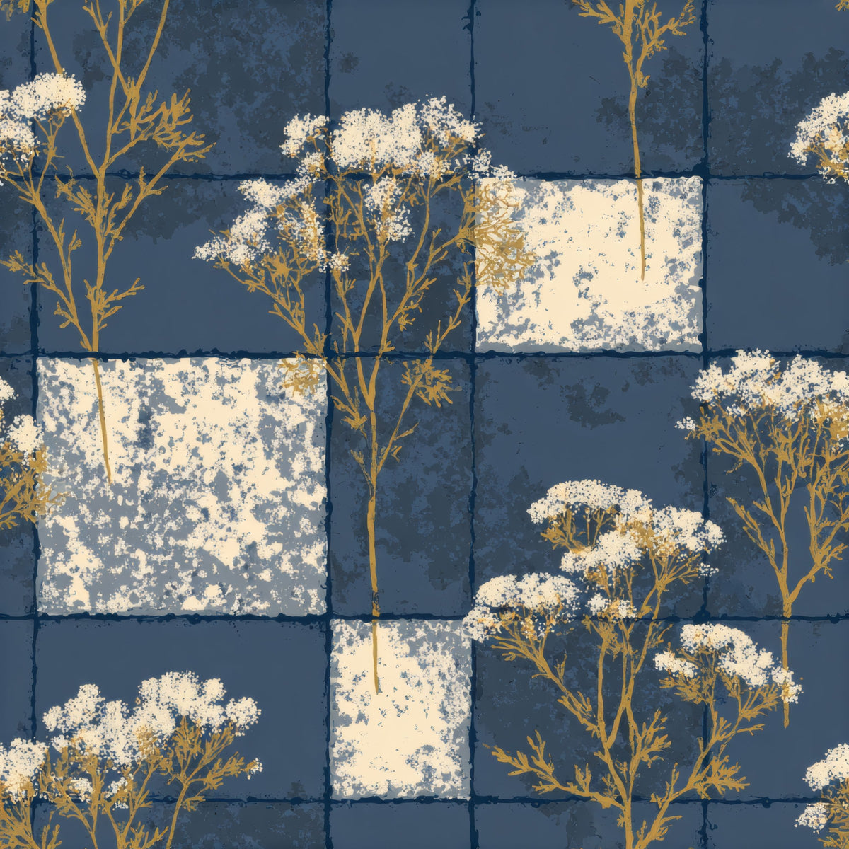 Patchwork of indigo blue and cream squares with gold botanical sprays in a heritage tile style.