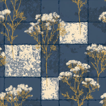 Patchwork of indigo blue and cream squares with gold botanical sprays in a heritage tile style.
