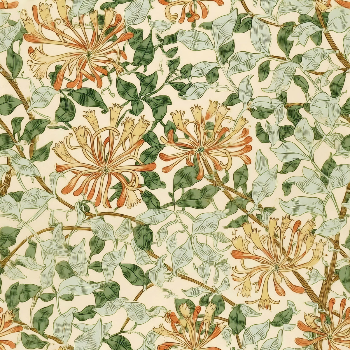 May Morris’s honeysuckle: ochre and gold flower clusters twining through green leaves on a cream ground, a William Morris design.