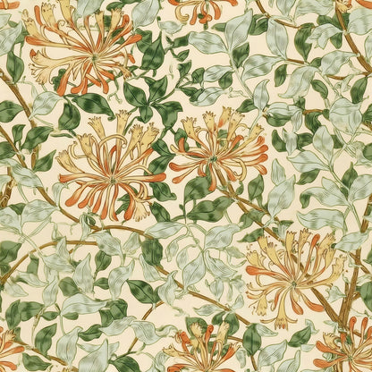 May Morris’s honeysuckle: ochre and gold flower clusters twining through green leaves on a cream ground, a William Morris design.