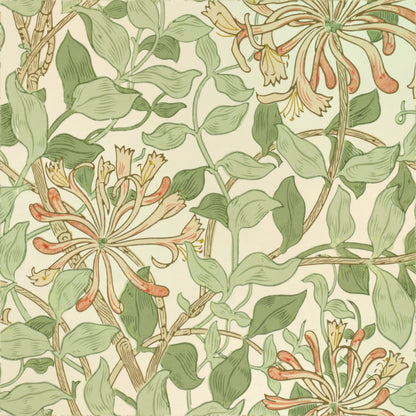 Coral and gold honeysuckle flowers twining through green leaves on cream, a William Morris design.
