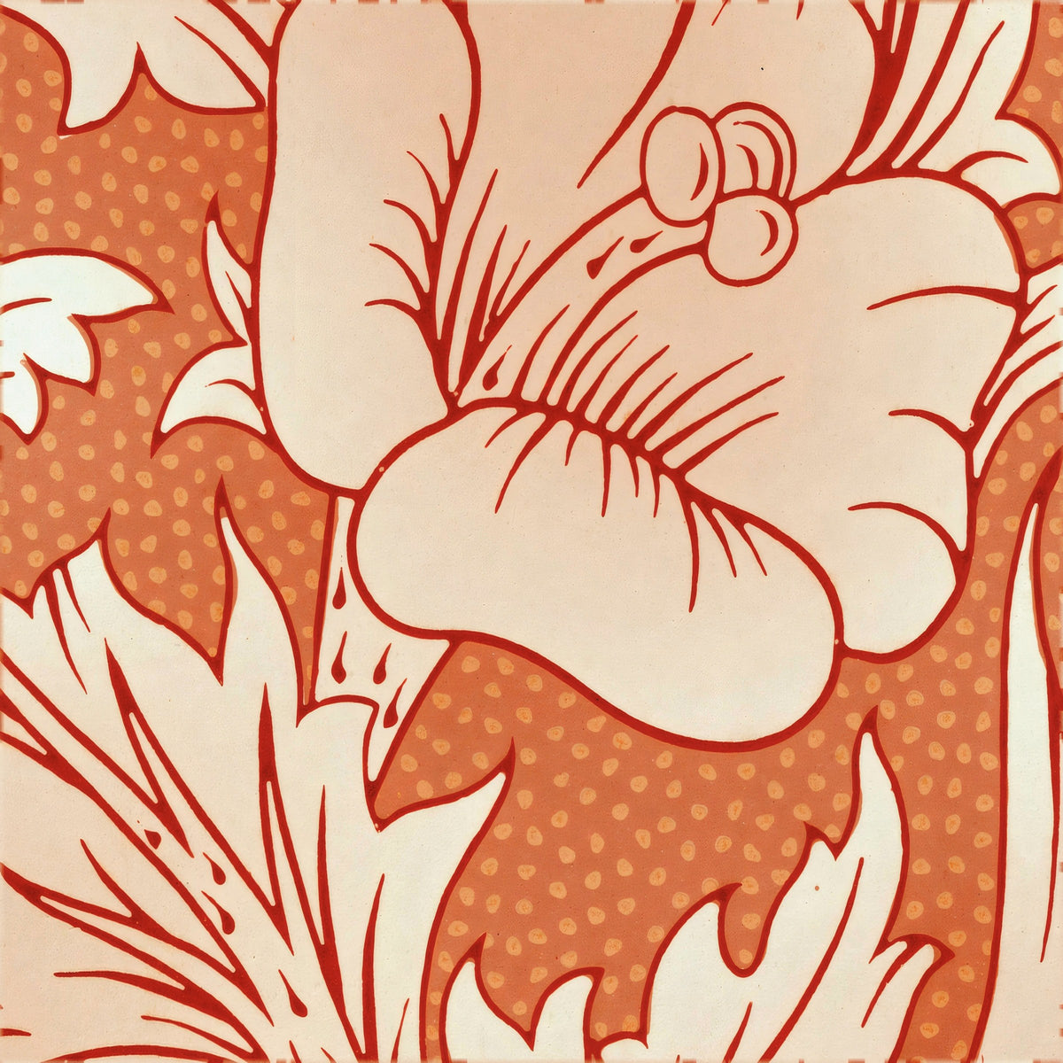 Large cream horn poppy outlined in rust red over a dotted dusty-pink ground, a William Morris design.