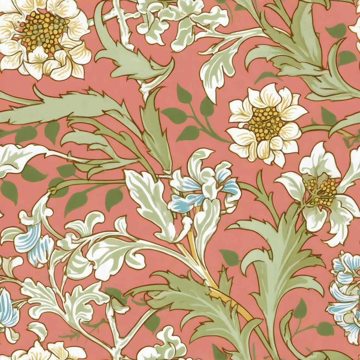 Cream flowers and pale green leaves curl over a warm coral-pink ground, a William Morris design.
