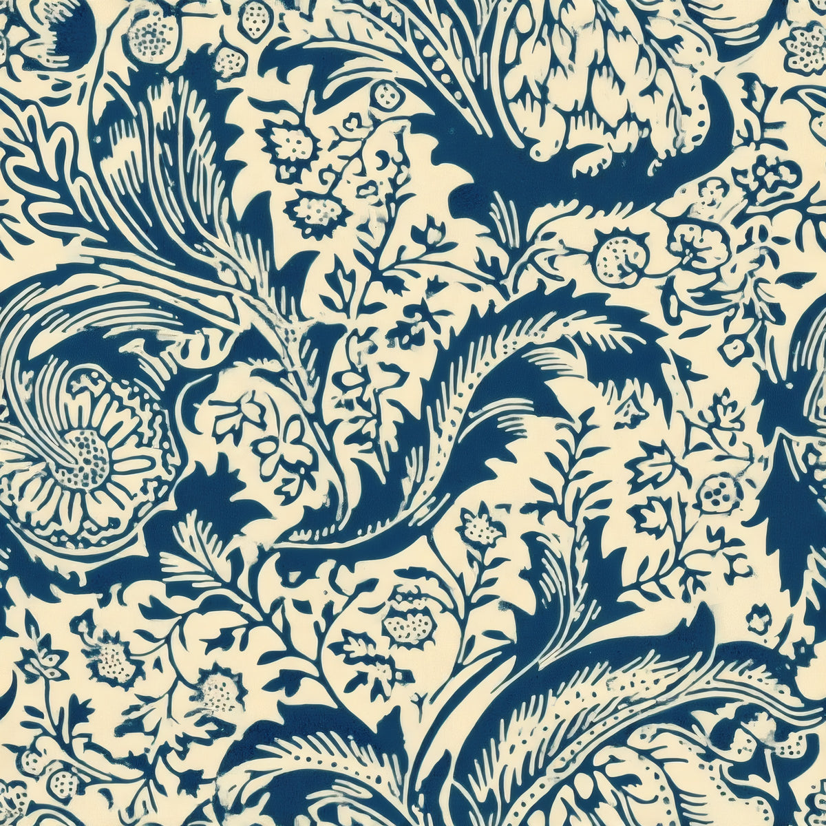 Deep navy leaves, palmettes and fine flowers fill a cream ground in a bold two-tone print, a William Morris design.