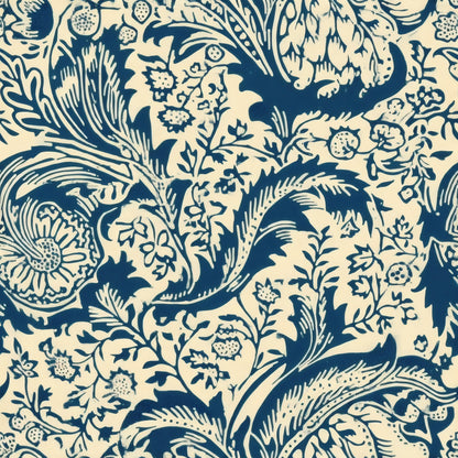 Deep navy leaves, palmettes and fine flowers fill a cream ground in a bold two-tone print, a William Morris design.