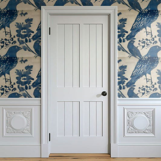 Indigo Cardinal large scale wallpaper in a styled room