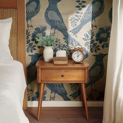 Indigo Cardinal wallpaper on a wall — Bedside table with clock scene