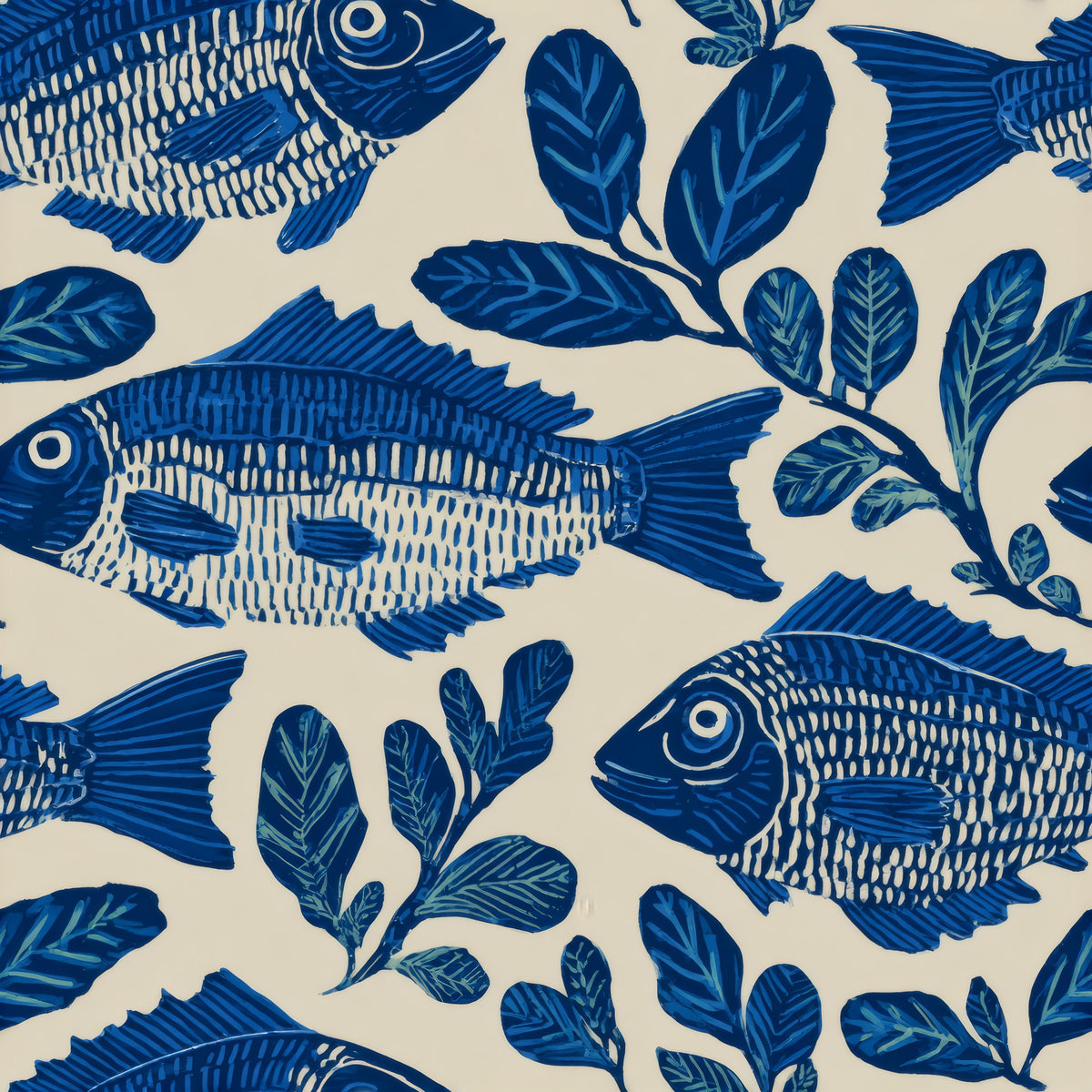 Block printed indigo fish and leaf sprigs on a cream ground.