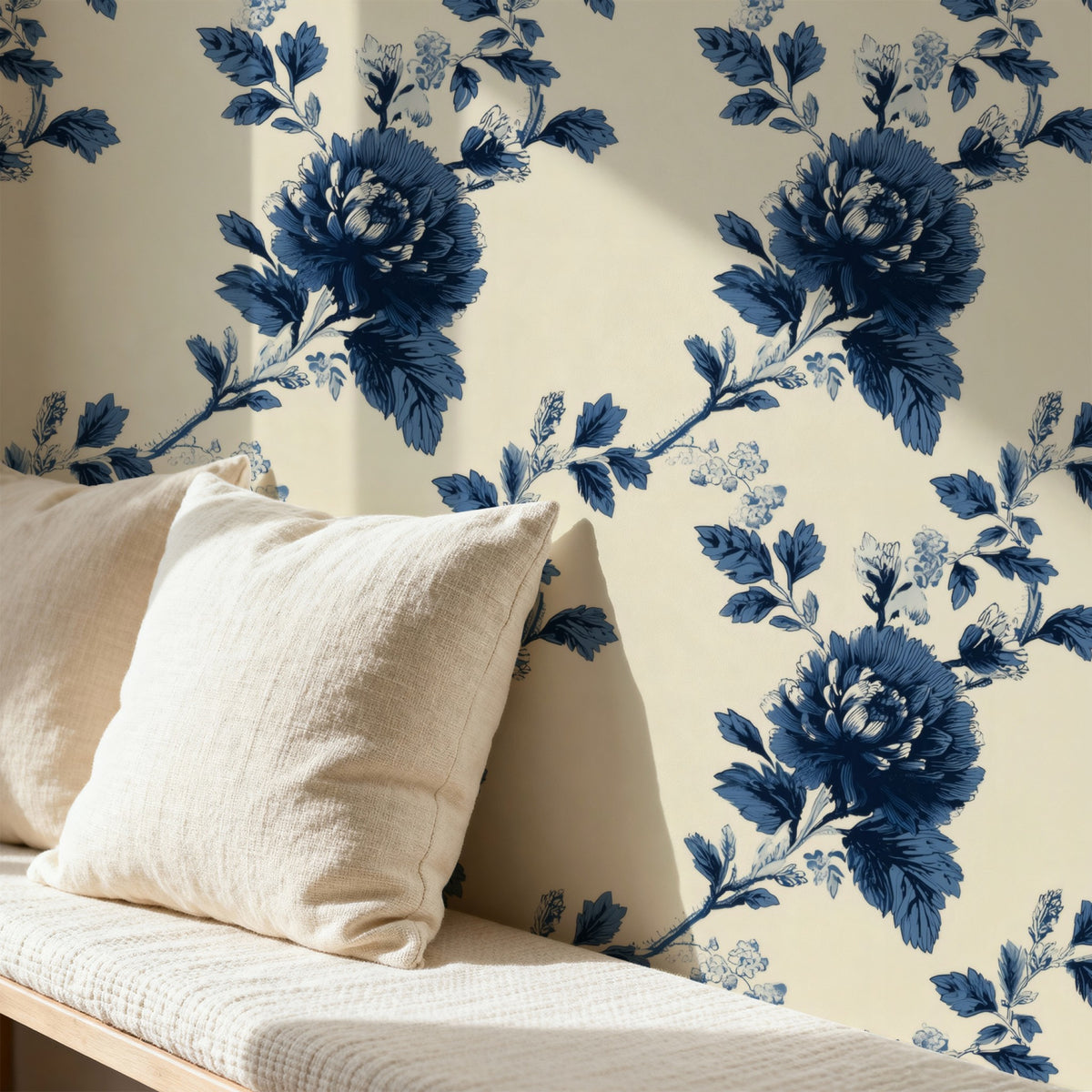 Indigo Chrysanthemum large scale wallpaper in a styled room