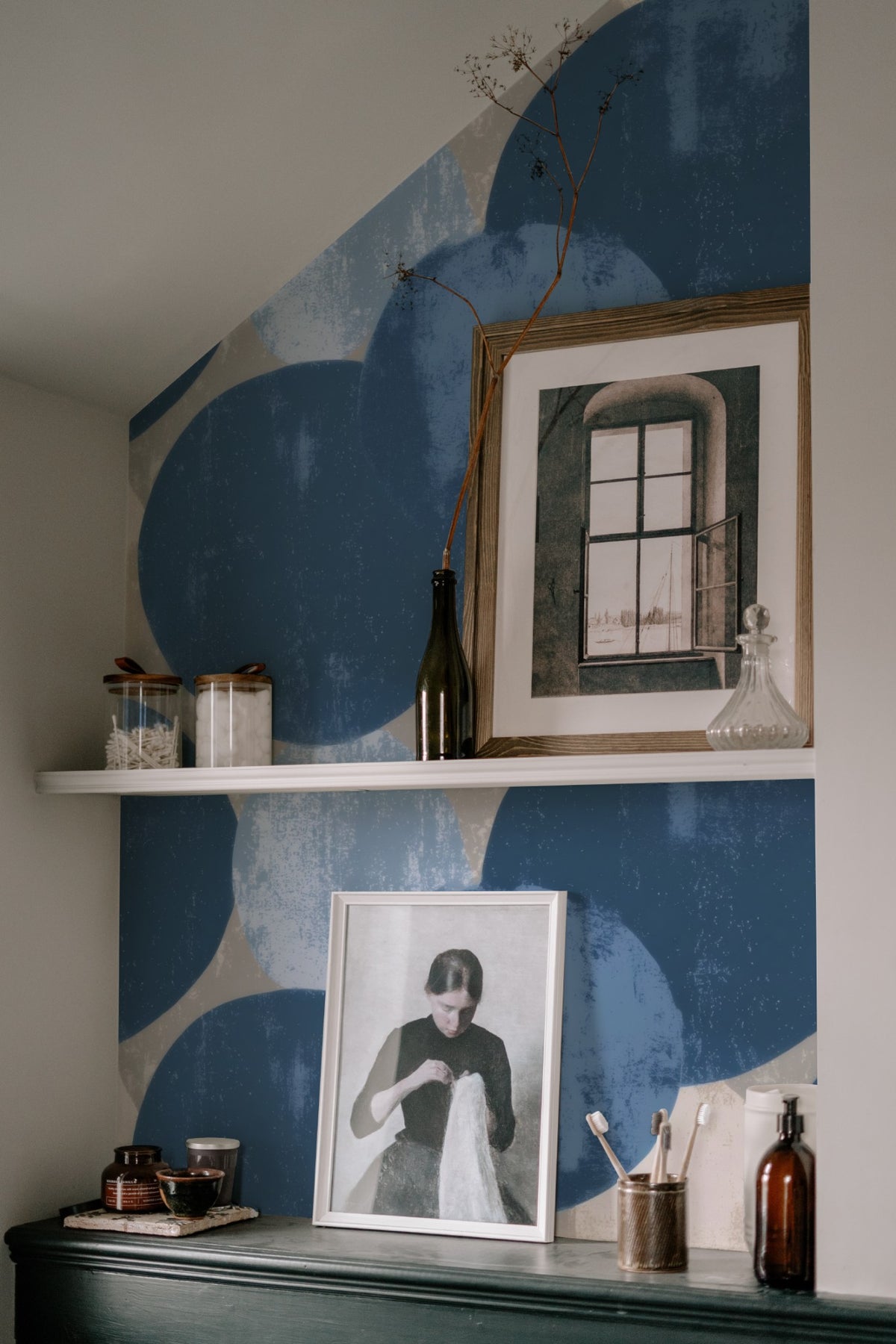 Indigo Circles large scale wallpaper in a styled room