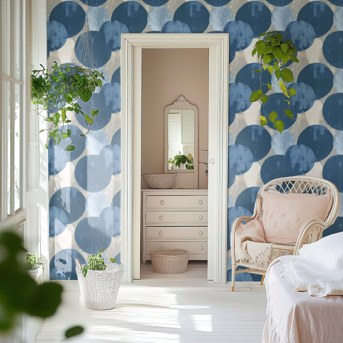 Indigo Circles large scale wallpaper in a styled room