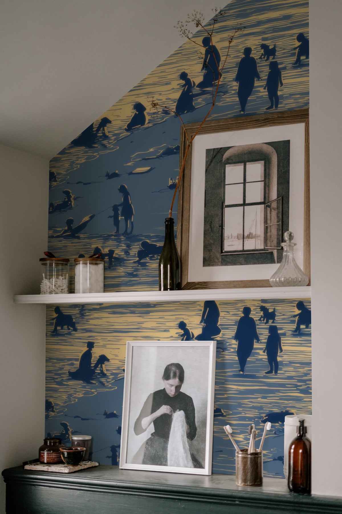 Indigo Lakeside large scale wallpaper in a styled room